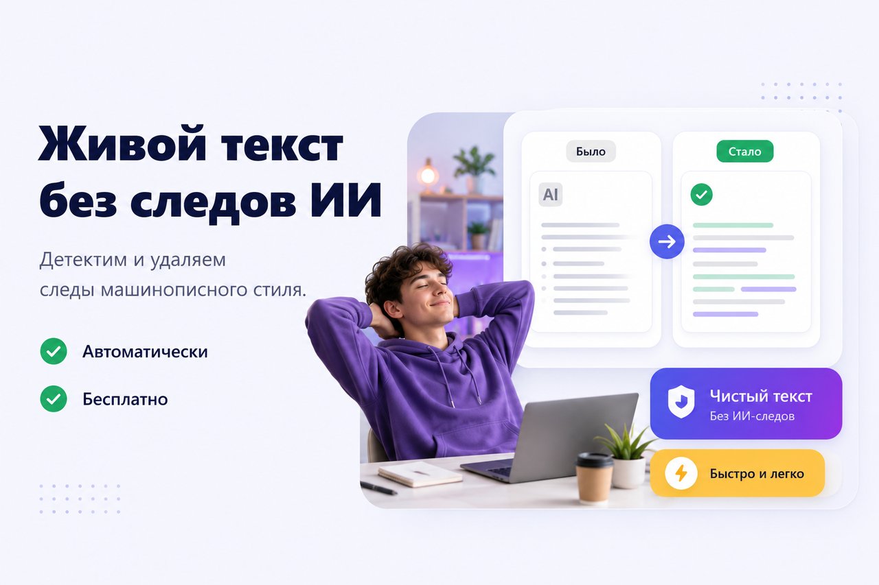 Живой текст без следов ИИ. Детектим и удаляем следы машинописного стиля — автоматически и бесплатно. Было: текст с ИИ-следами, стало: чистый текст.